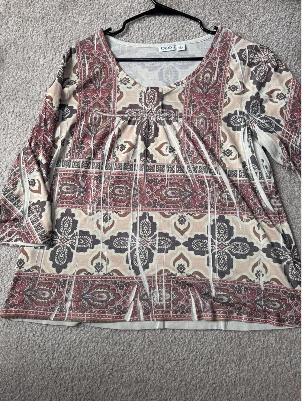Cato Women's XL Boho Blouse with Red, Black, and Beige Geometric and Floral Moti